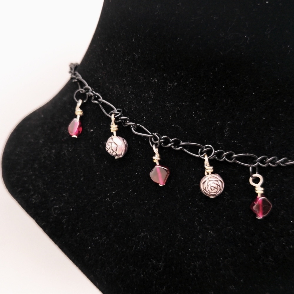 381MIDALANE Black Chain Choker with Garnet and Rose Accents - Picture 12 of 16